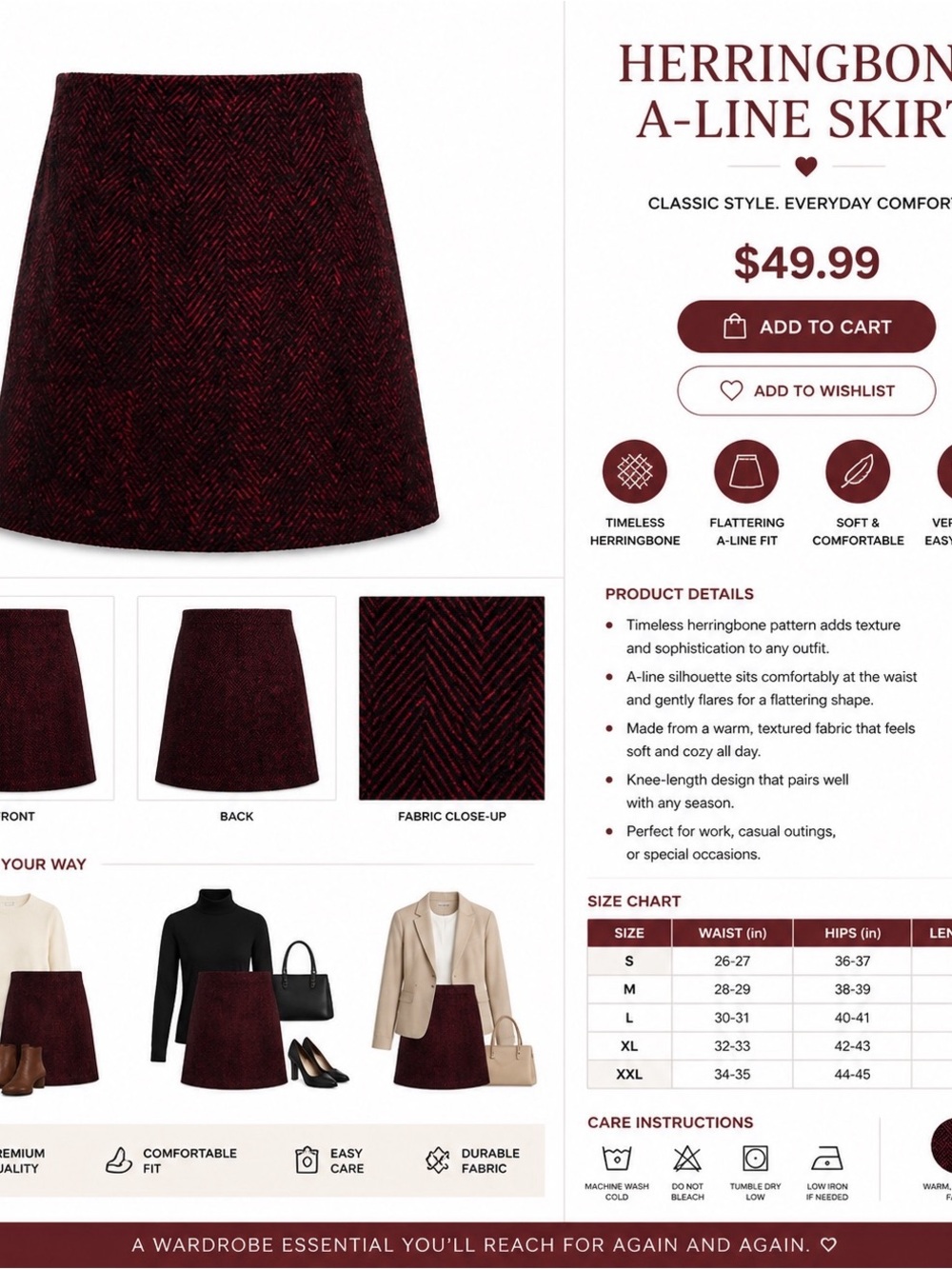 Timeless Herringbone A-Line Skirt in Deep Burgundy